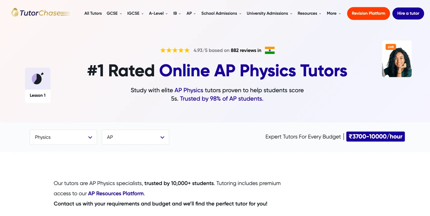 Homepage banner of TutorChase showing #1 rated online AP Physics tutors, 4.93 rating from 882 reviews, pricing ₹3700–10000 per hour, and options to hire expert tutors.