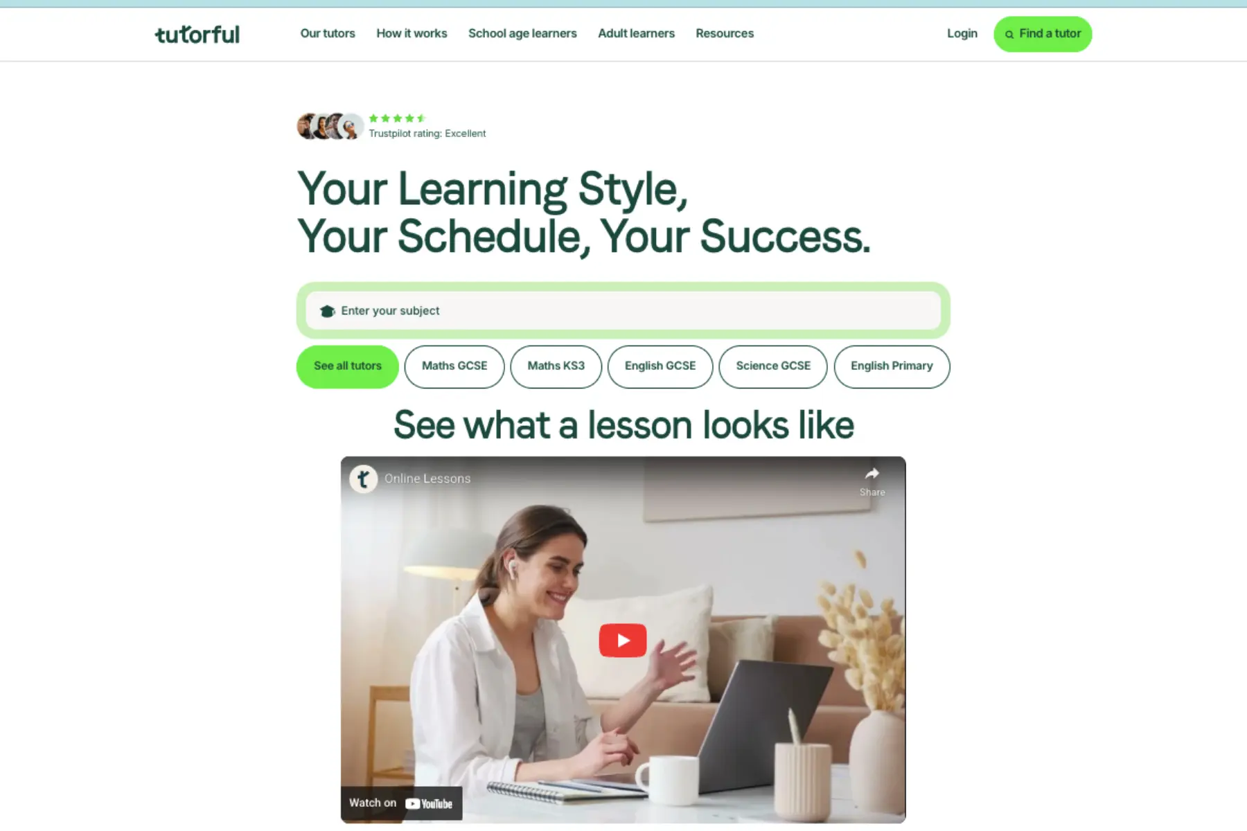 Homepage of Tutorful showing the headline “Your Learning Style, Your Schedule, Your Success,” with subject search options and an example online lesson video.