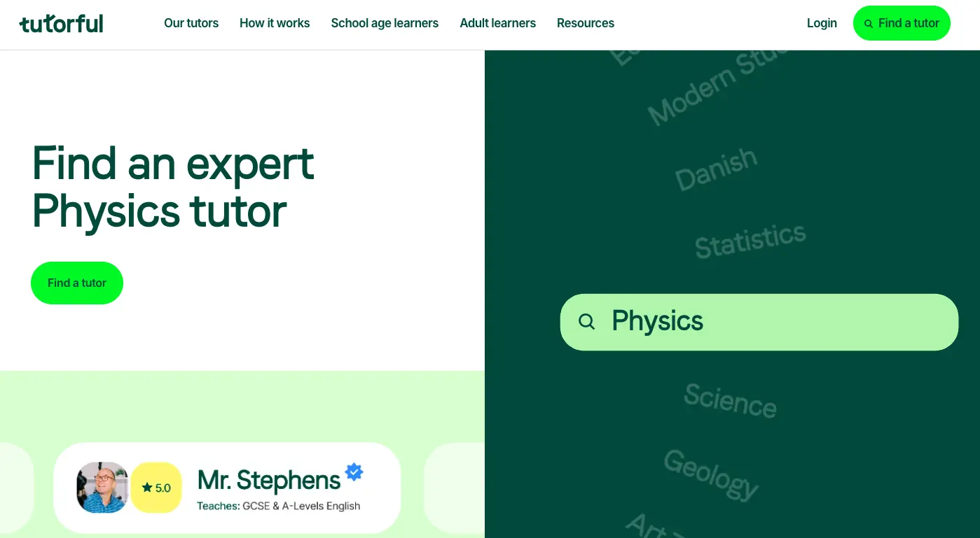 Find an expert physics tutor on Tutorful platform with search bar and tutor profile preview
