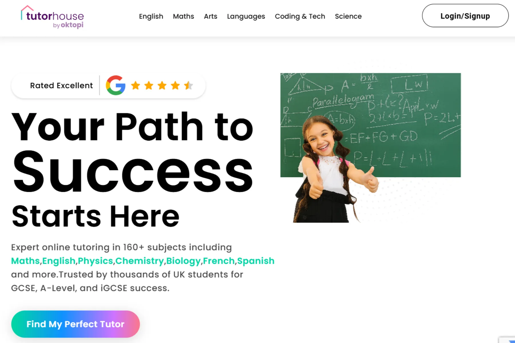 Tutor House homepage showing “Your Path to Success Starts Here” with online tutoring subjects like Maths, English, Physics, and a student giving thumbs up in front of a chalkboard.