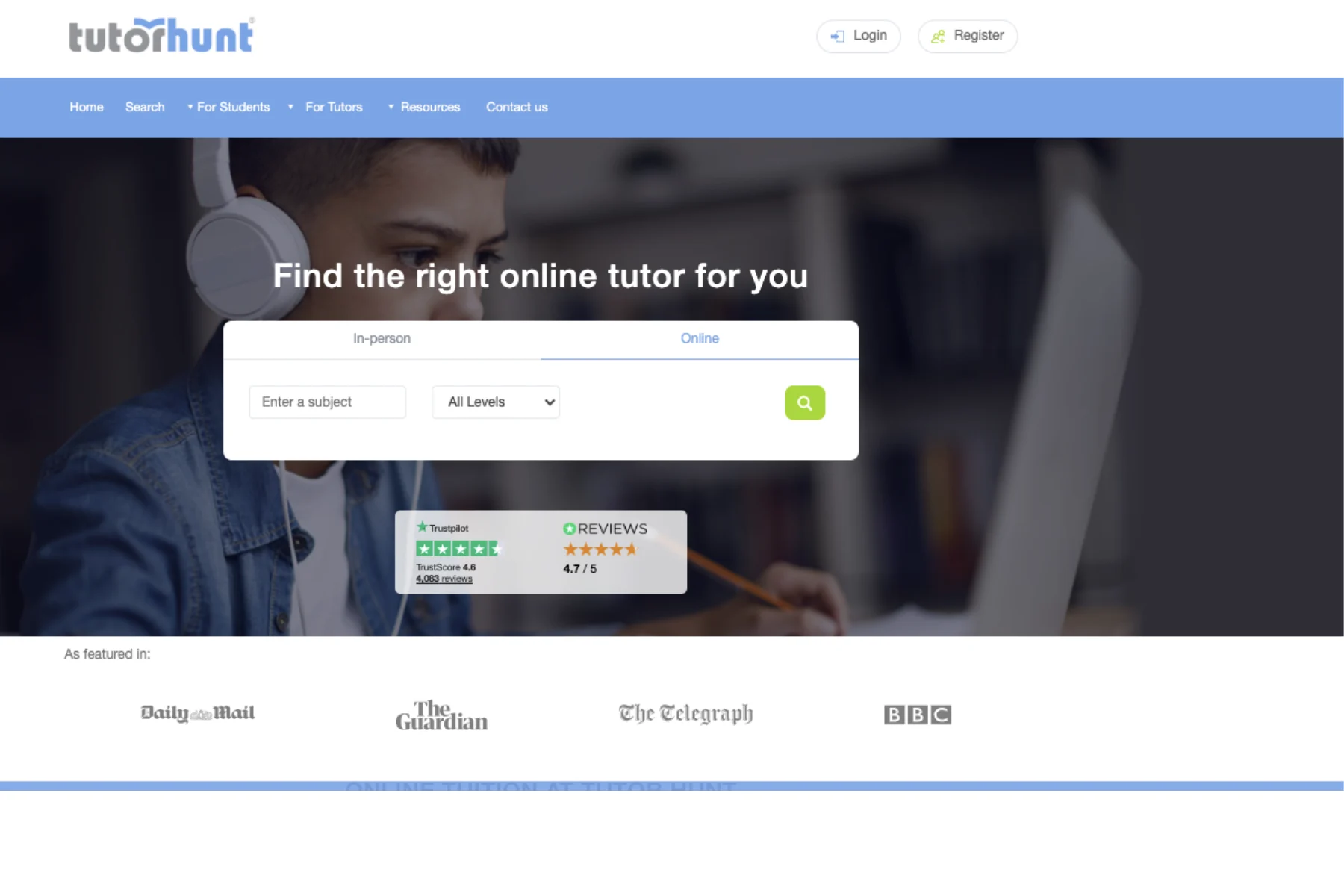 TutorHunt homepage screenshot showing online tutor search bar with subject and level filters, Trustpilot rating, and media logos including BBC and The Guardian.