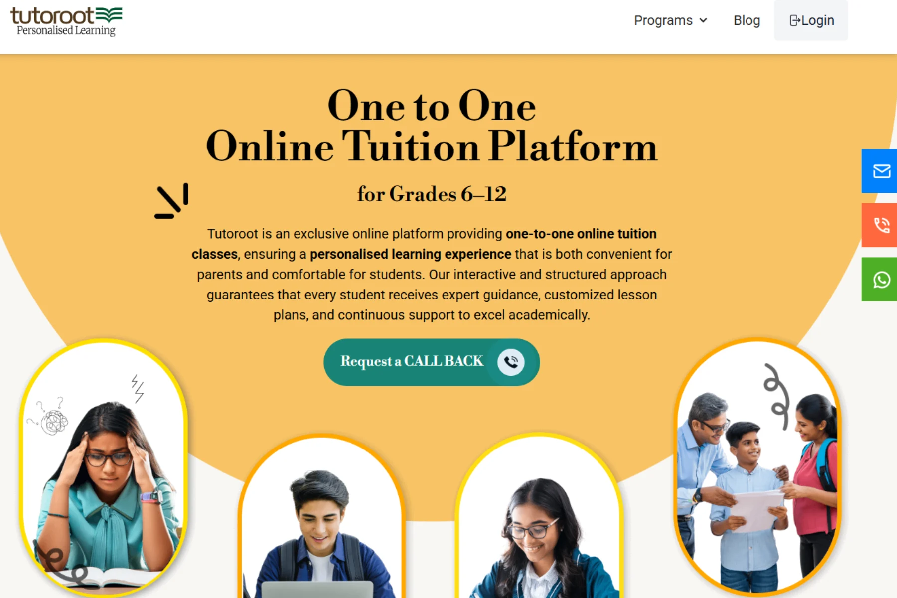 Tutoroot one-to-one online tuition platform homepage for Grades 6–12 showing personalised learning, request a callback button, and students studying.