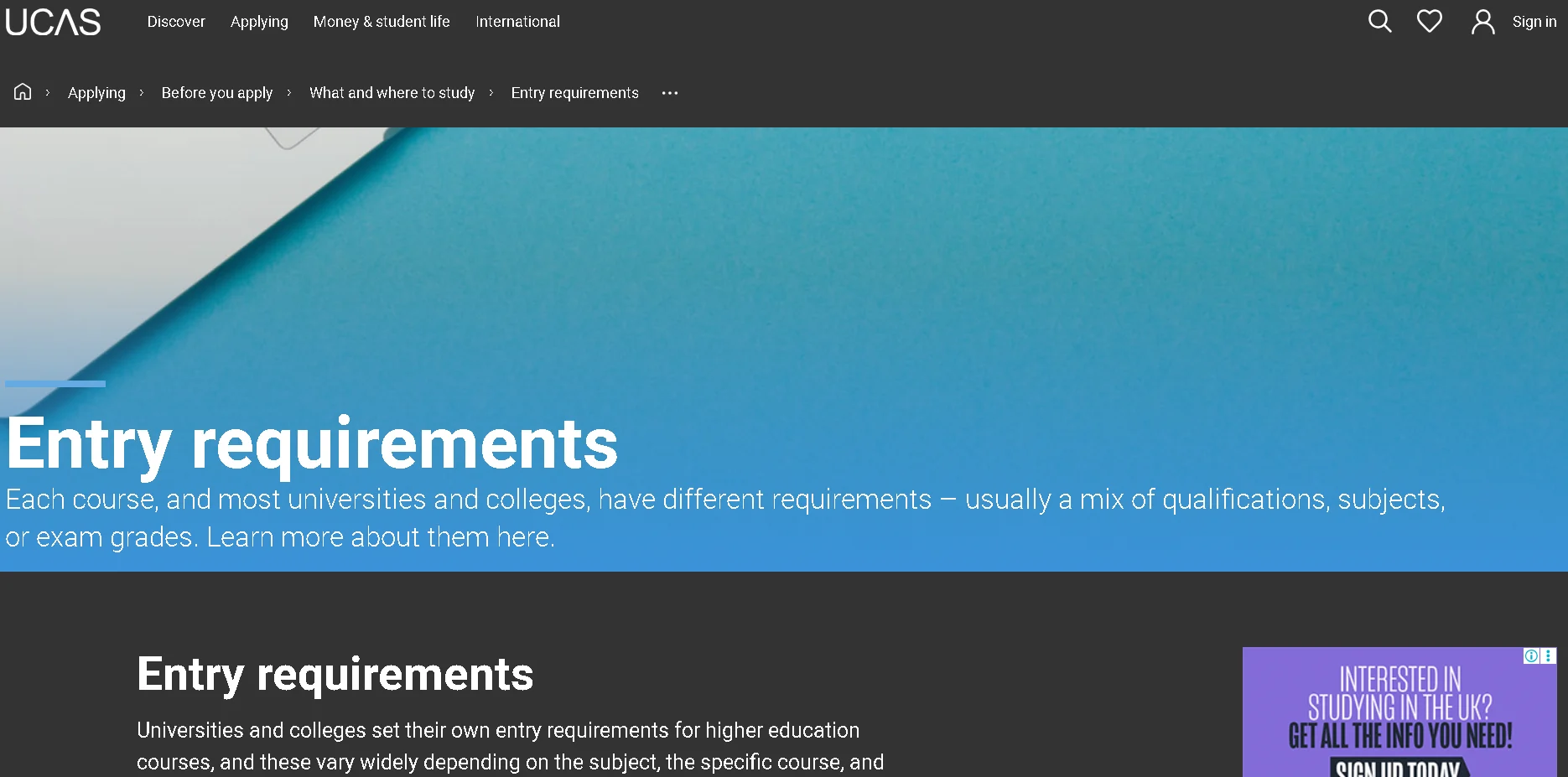 UCAS entry requirements webpage showing university admission criteria, qualifications, grades, and application requirements for UK courses