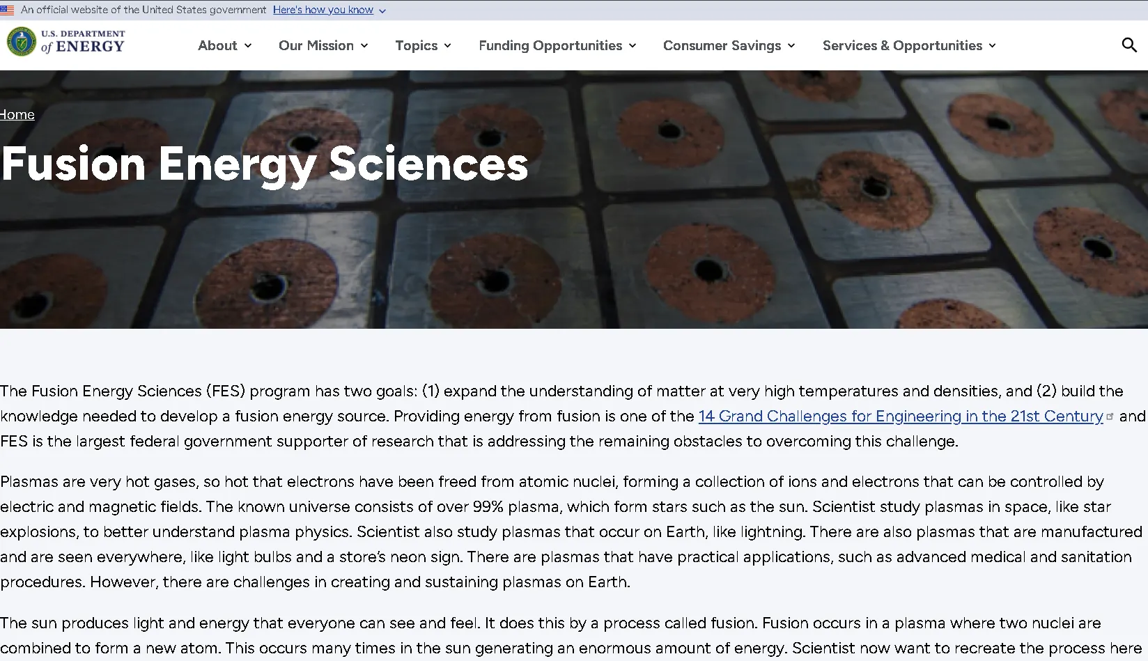 Fusion Energy Sciences page explaining plasma physics, fusion reactions, and clean energy research by the U.S. Department of Energy