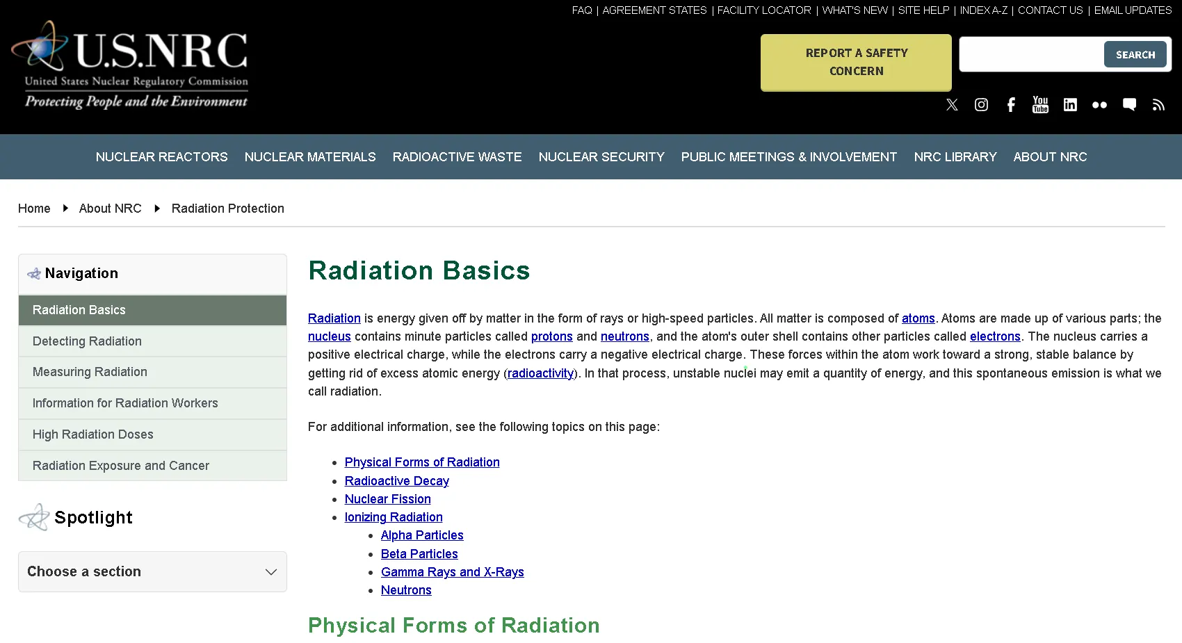NRC radiation basics webpage explaining types of radiation, radioactive decay, ionizing radiation, and health effects