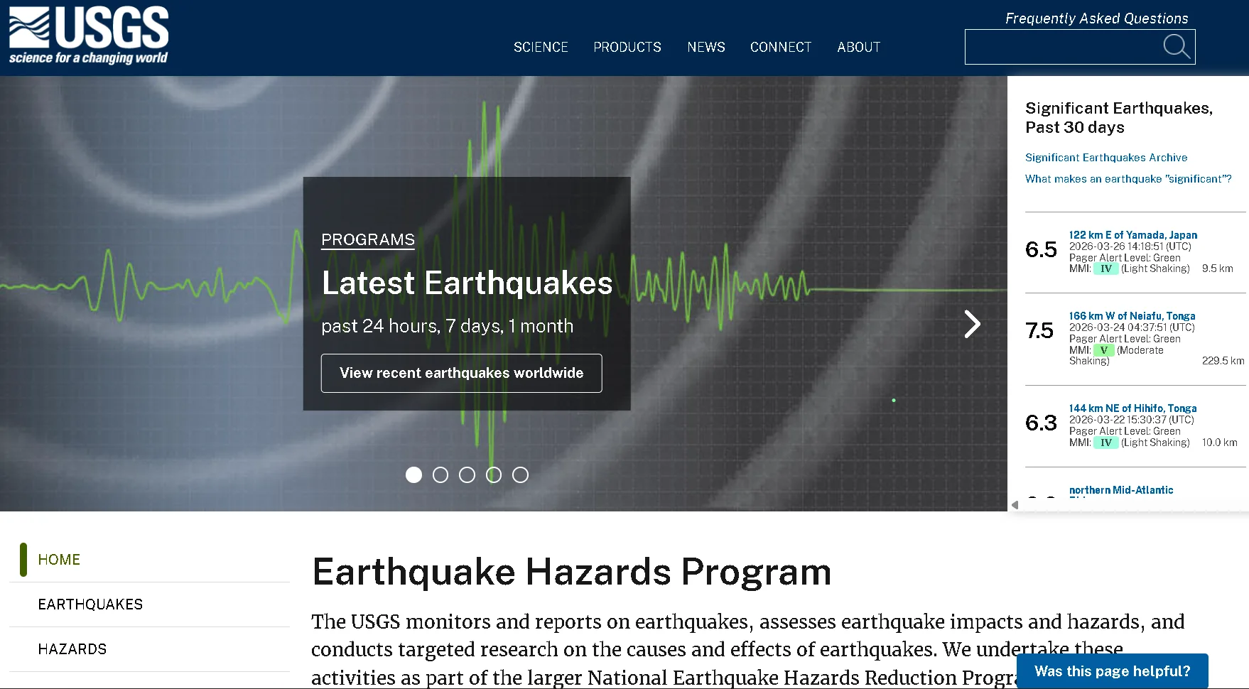 USGS Earthquake Hazards Program webpage showing real-time earthquake monitoring, seismic data maps, and hazard assessment tools