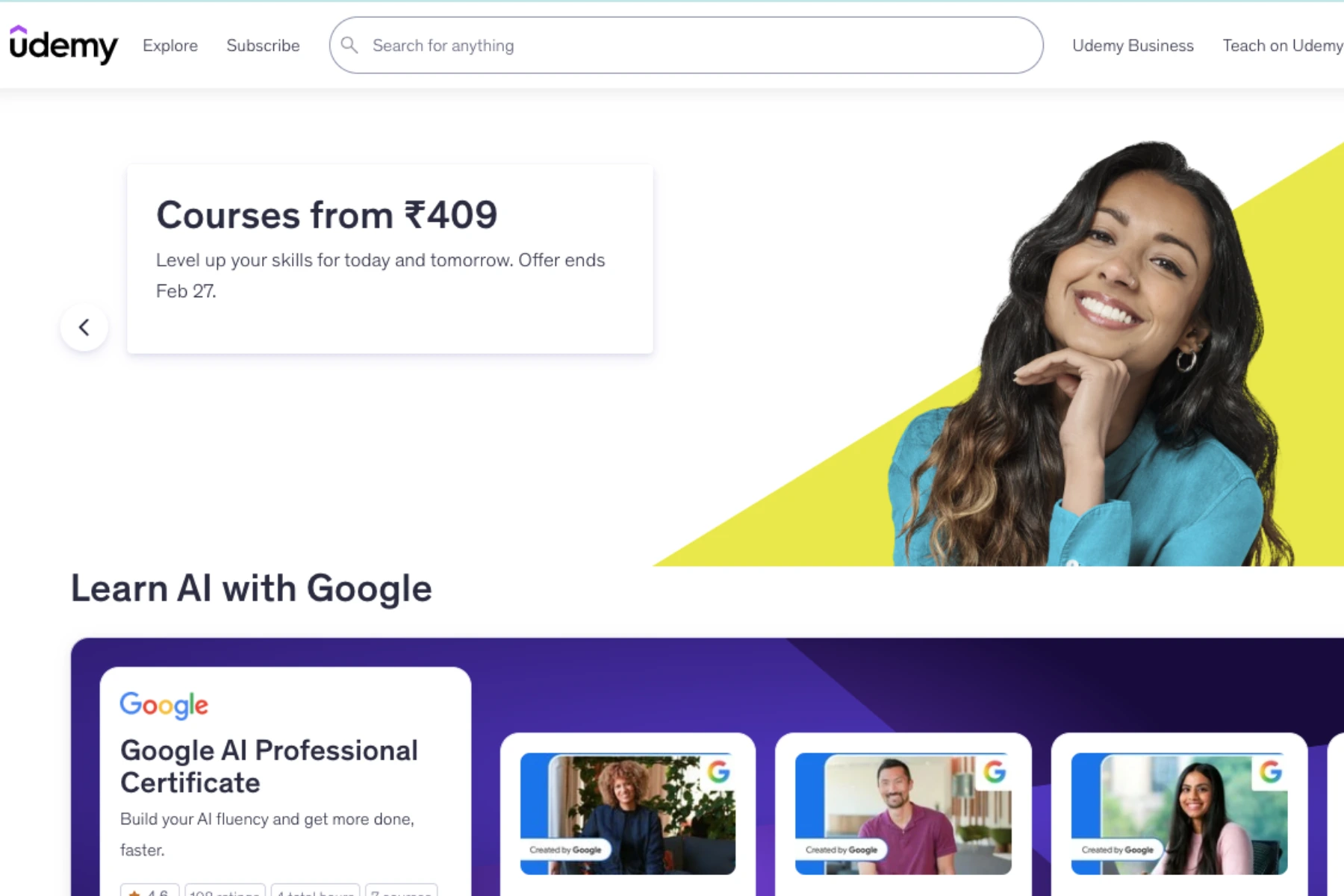Udemy homepage featuring Google AI Professional Certificate courses with a learner using a laptop and promotion to learn AI skills from Google experts online.