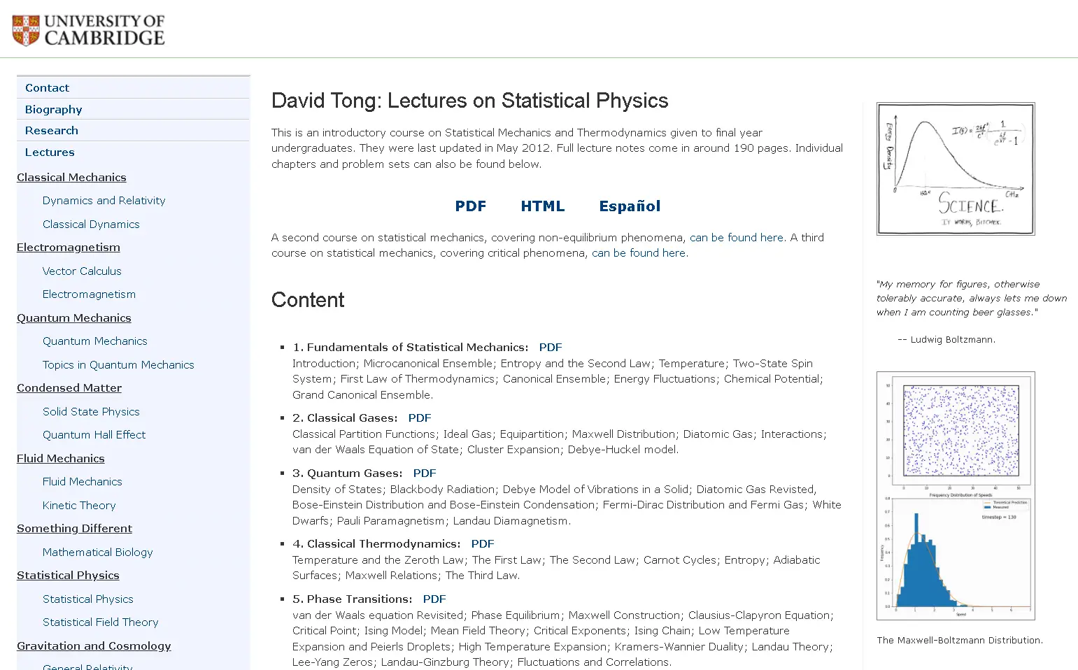 Cambridge DAMTP statistical physics lecture notes page featuring course materials, bibliography, and undergraduate physics resources