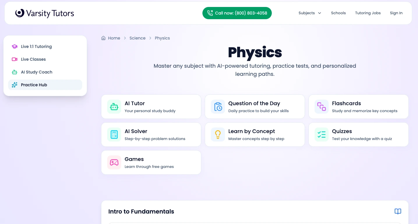 Screenshot of the Varsity Tutors Physics learning dashboard showing AI Tutor, Question of the Day, Flashcards, AI Solver, Learn by Concept, Quizzes, and Games tools for personalized physics study.