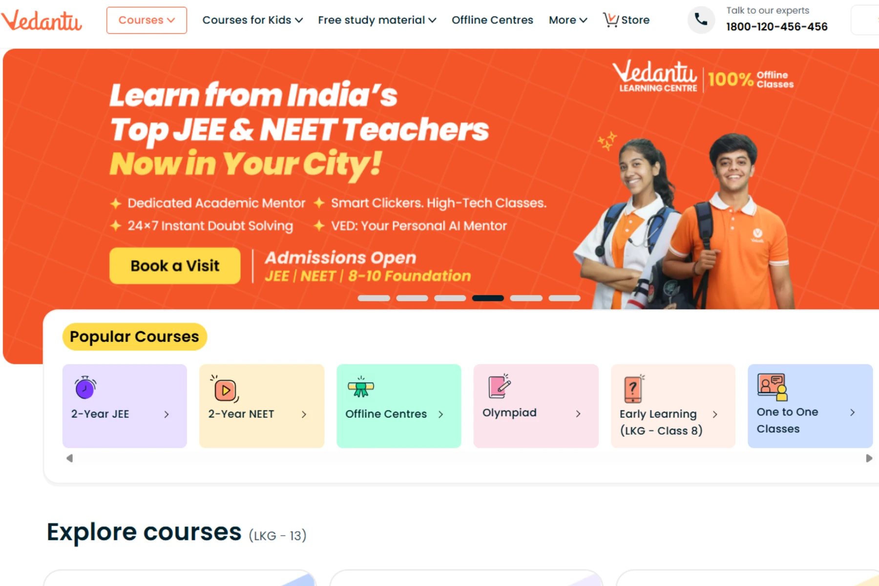 Vedantu homepage banner promoting JEE and NEET coaching with India’s top teachers, admissions open, book a visit CTA, and popular courses including 2-Year JEE, 2-Year NEET, Olympiad, and Offline Centres.