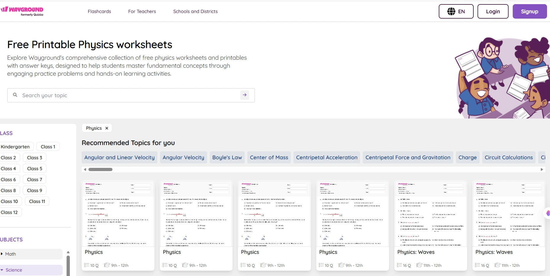 Wayground (formerly Quizizz) “Free Printable Physics worksheets” page with a topic search bar, class filters, and recommended physics worksheet topics like angular velocity, Boyle’s law, and centripetal acceleration.