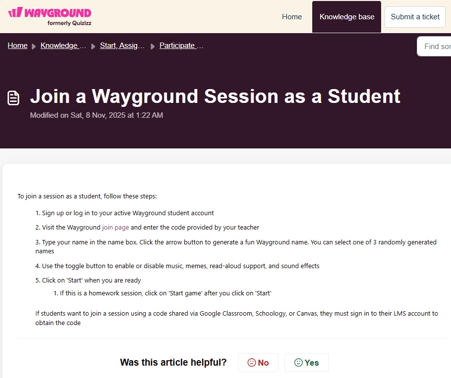 Screenshot of Wayground (formerly Quizizz) knowledge base article “Join a Wayground Session as a Student” with steps to enter a code and start.