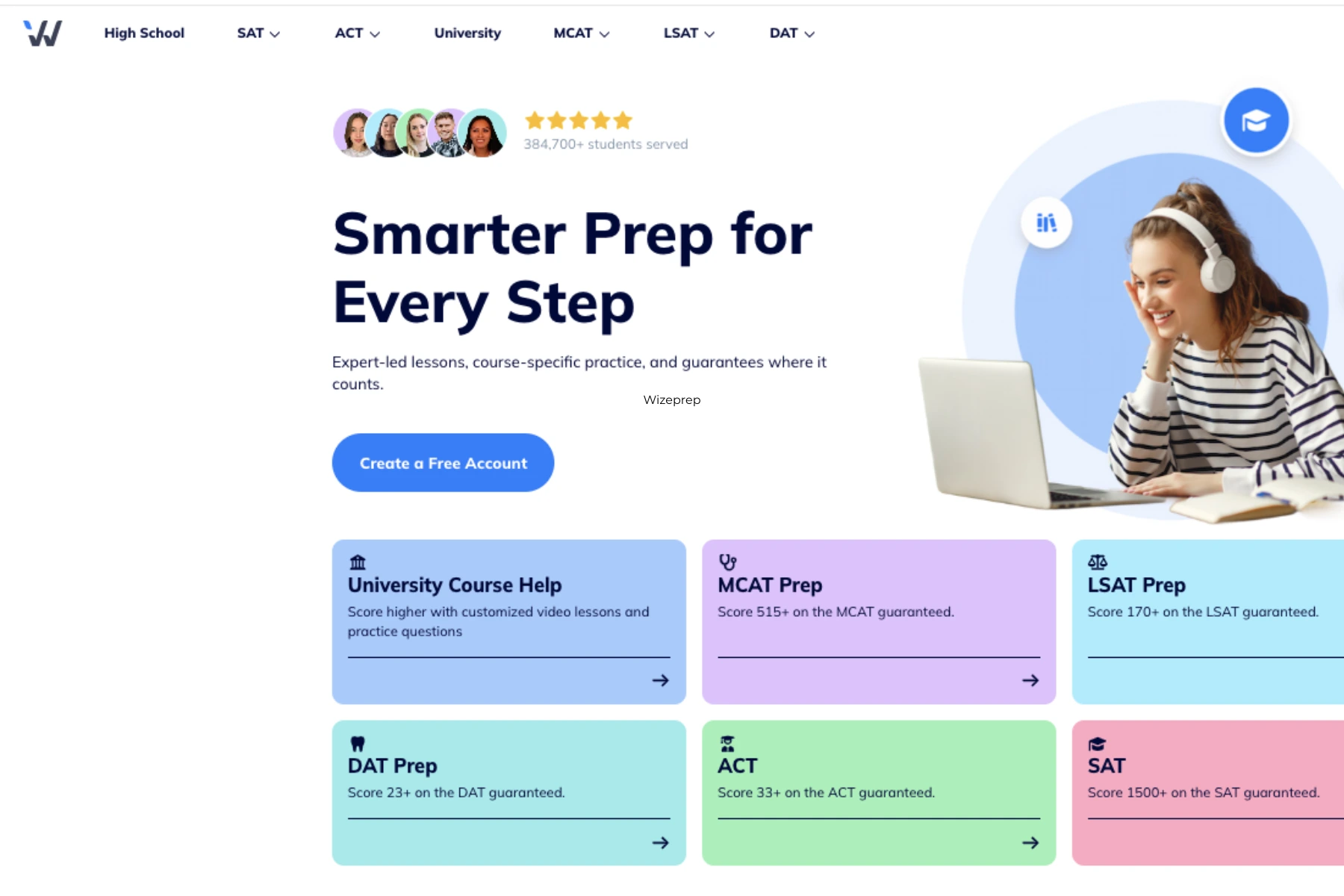 Wizeprep online test preparation homepage featuring SAT, ACT, MCAT, LSAT, and DAT prep courses with a student studying on a laptop.