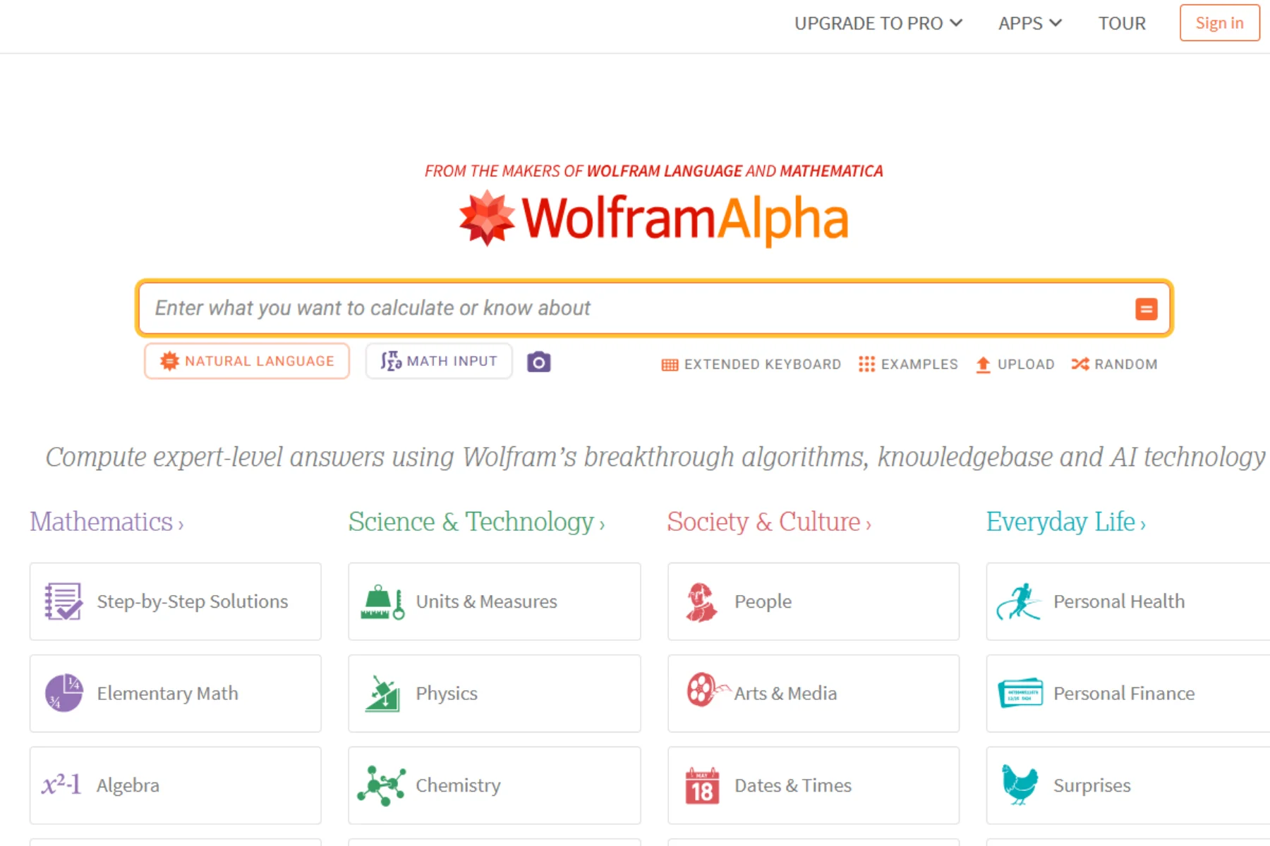 WolframAlpha homepage interface showing natural language search bar, math input option, and categories including Mathematics, Science & Technology, Society & Culture, and Everyday Life.