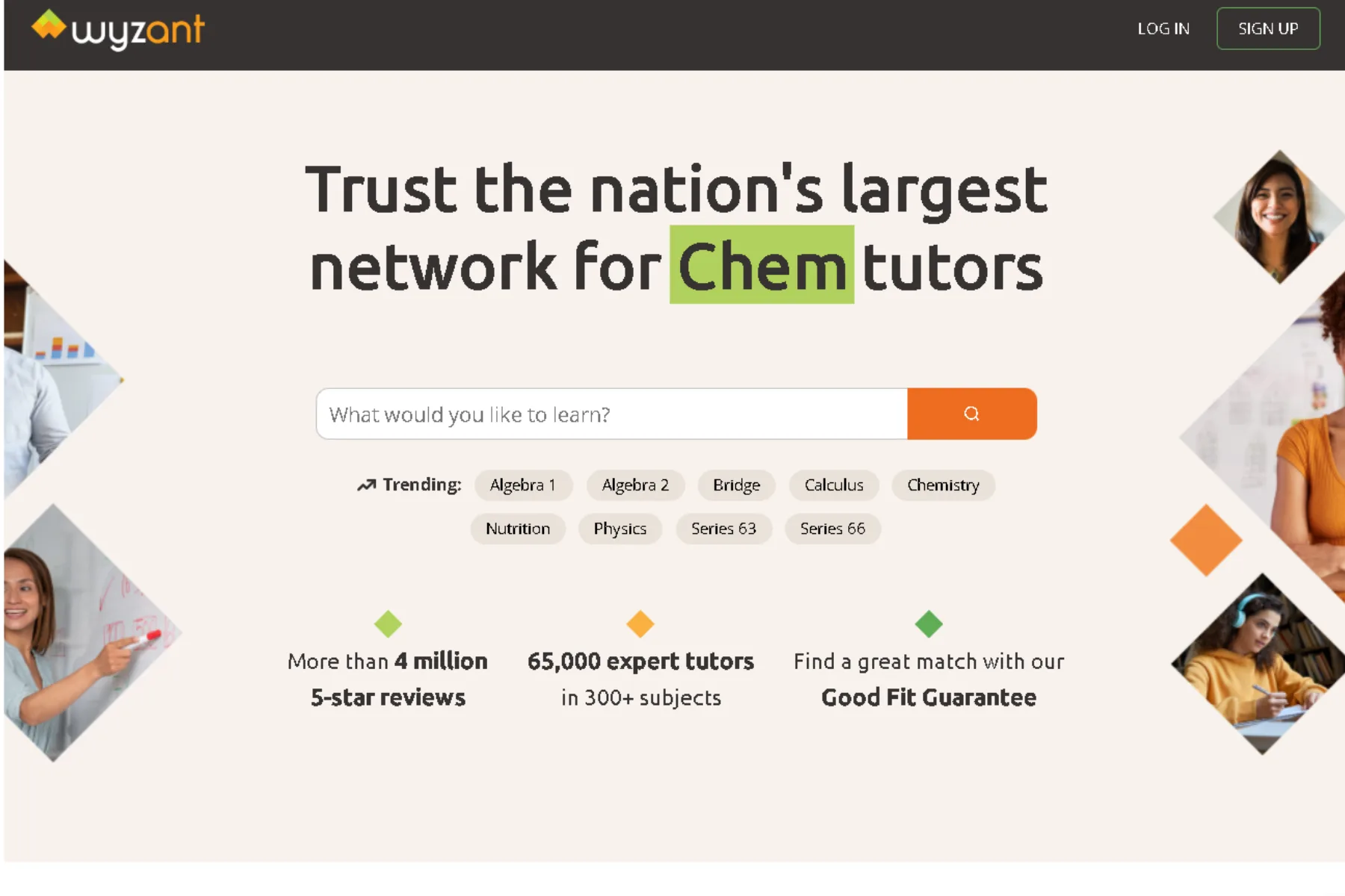 Wyzant homepage screenshot with “Trust the nation’s largest network for Chemistry tutors,” subject search bar, trending subjects (including Physics), and tutor profile photos.