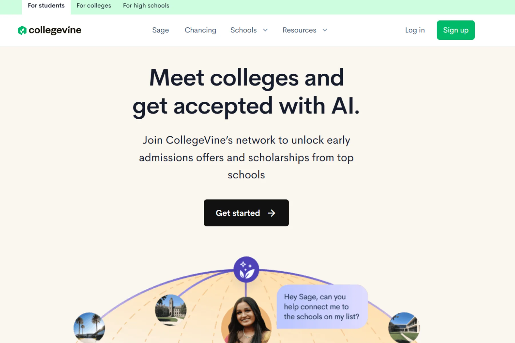 CollegeVine homepage screenshot featuring the headline “Meet colleges and get accepted with AI,” a Get Started button, navigation menu, and promotional text about early admissions offers and scholarships.