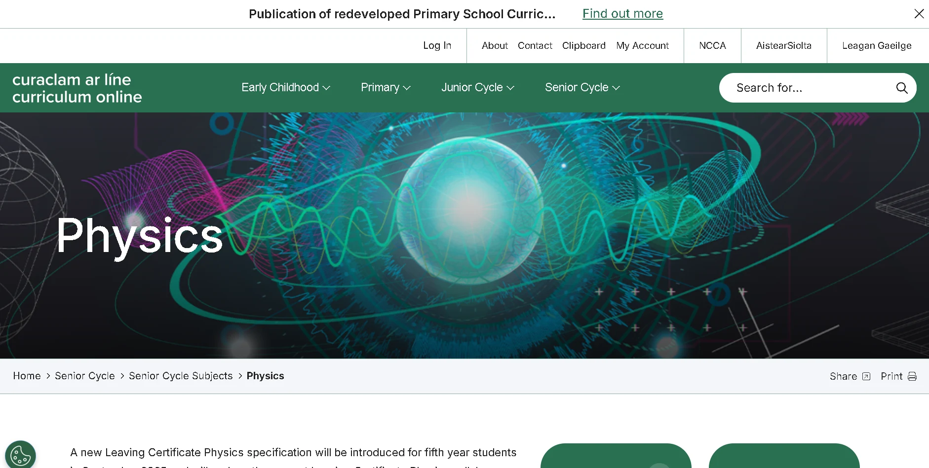 Senior Cycle Physics curriculum Ireland page showing Leaving Certificate physics syllabus, concepts, and scientific learning objectives