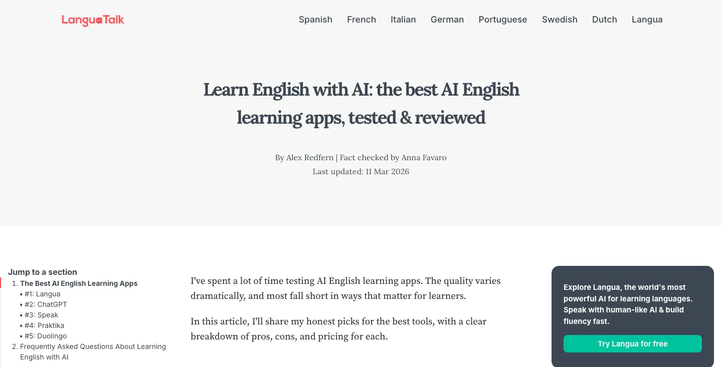 Screenshot of LanguaTalk article titled “Learn English with AI: the best AI English learning apps, tested & reviewed” showing a comparison of AI English learning apps including Langua, ChatGPT, Speak, Praktika, and Duolingo.