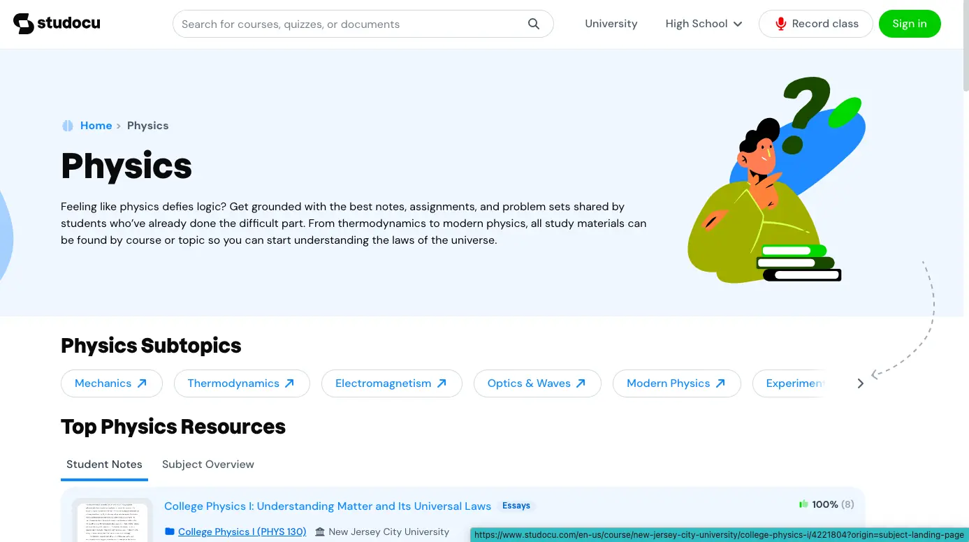 Studocu physics subject page showing physics subtopics like mechanics, thermodynamics, electromagnetism, and top student resources