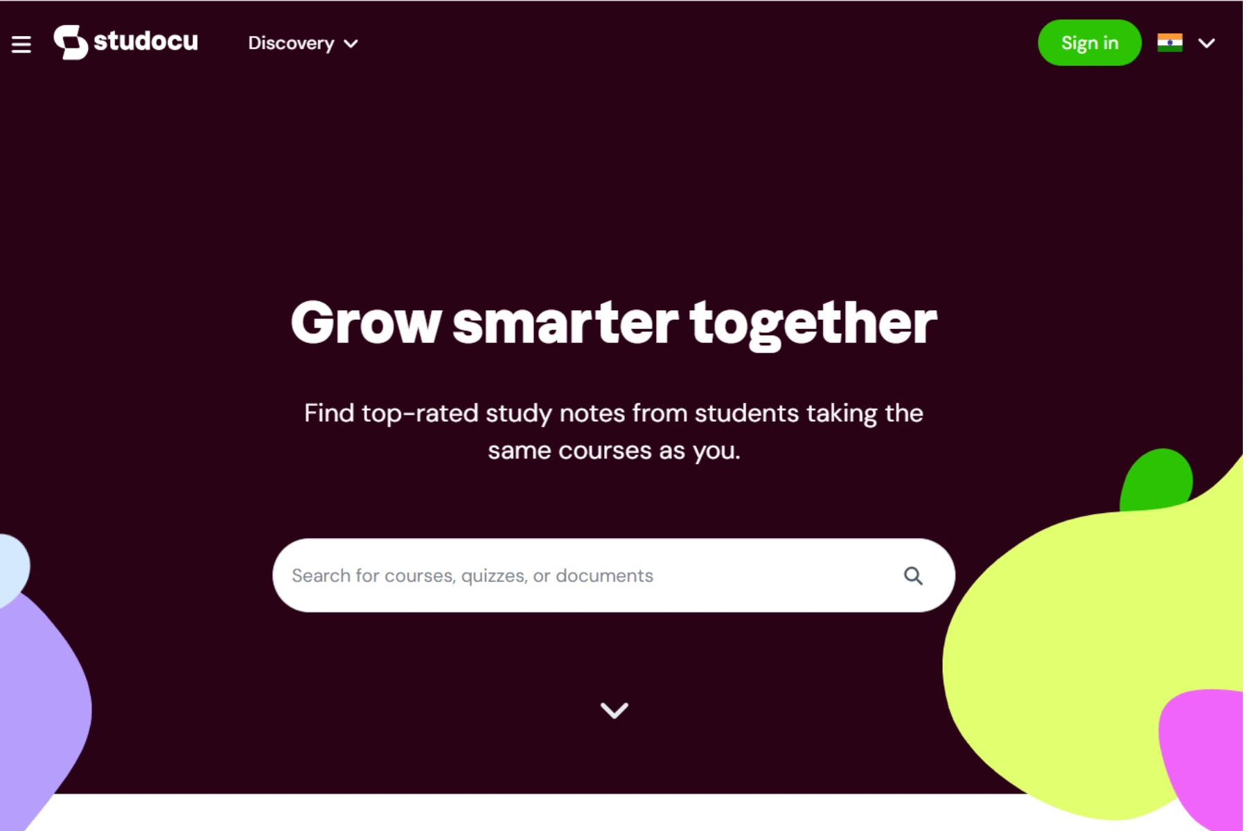 Homepage banner of StuDocu with “Grow smarter together” headline, search bar for courses and study documents, and sign-in button.