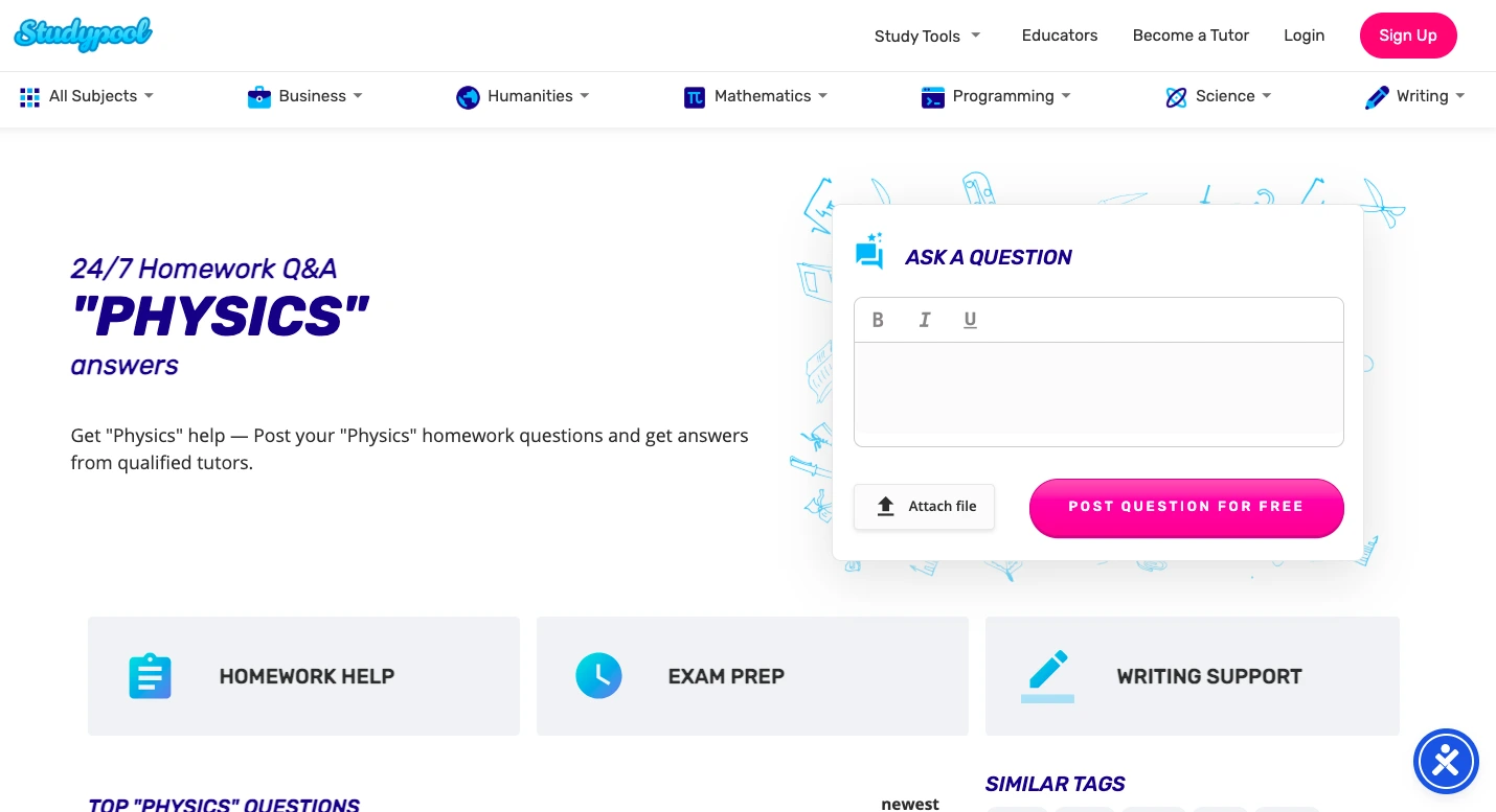 Studypool physics homework help page with ask a question form, 24/7 Q&A support, and tutor assistance interface