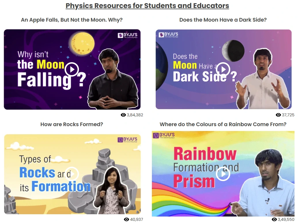 BYJU’S physics resources page showing video thumbnails for “Why isn’t the Moon falling?”, “Does the Moon have a dark side?”, “Types of rocks and its formation”, and “Rainbow formation and prism,” with view counts.