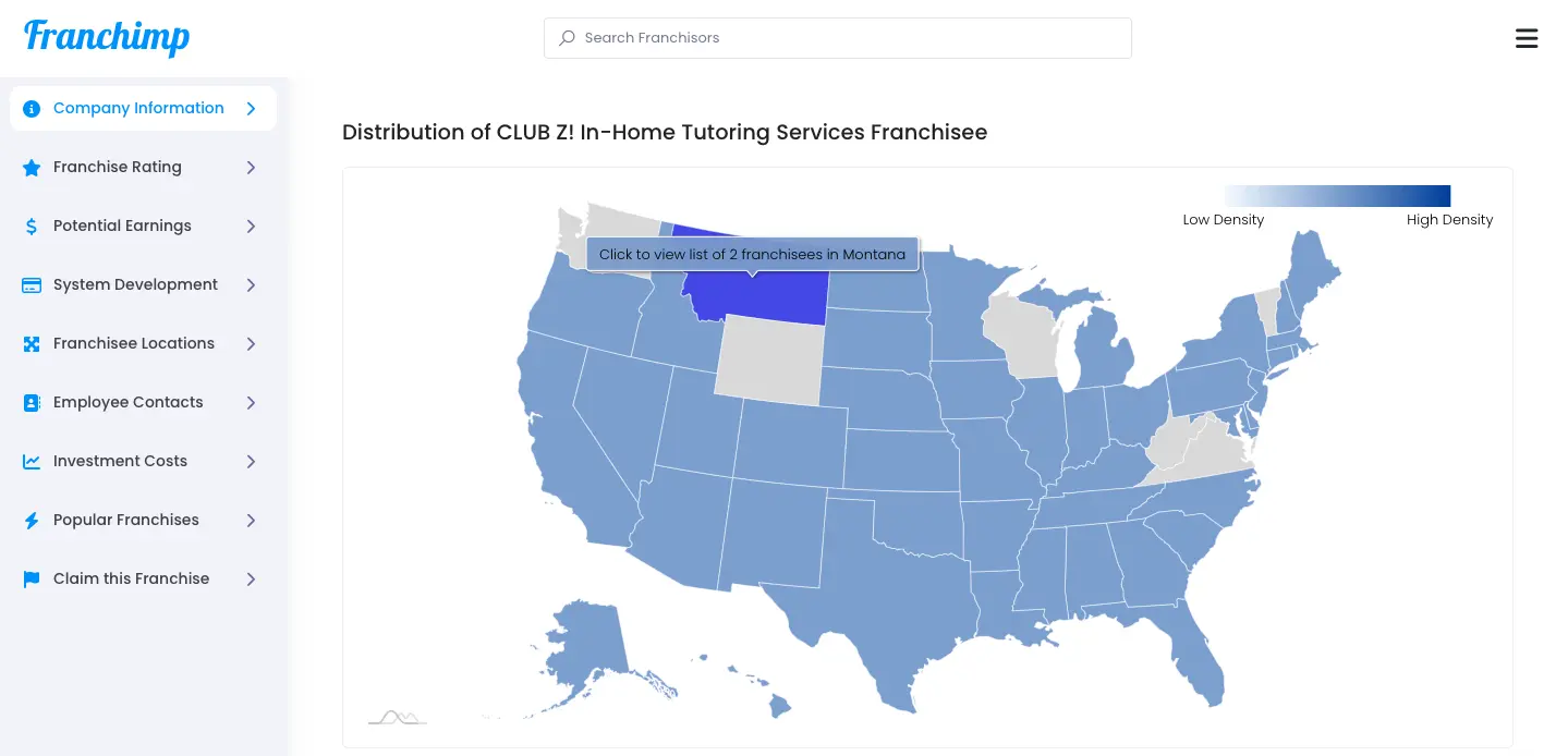Club Z tutoring franchise page showing US map coverage, employee contacts, investment costs, and learning materials background.