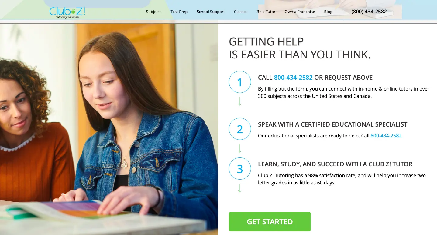 Student receiving tutoring support while following steps to get started with Club Z in-home and online tutoring services.