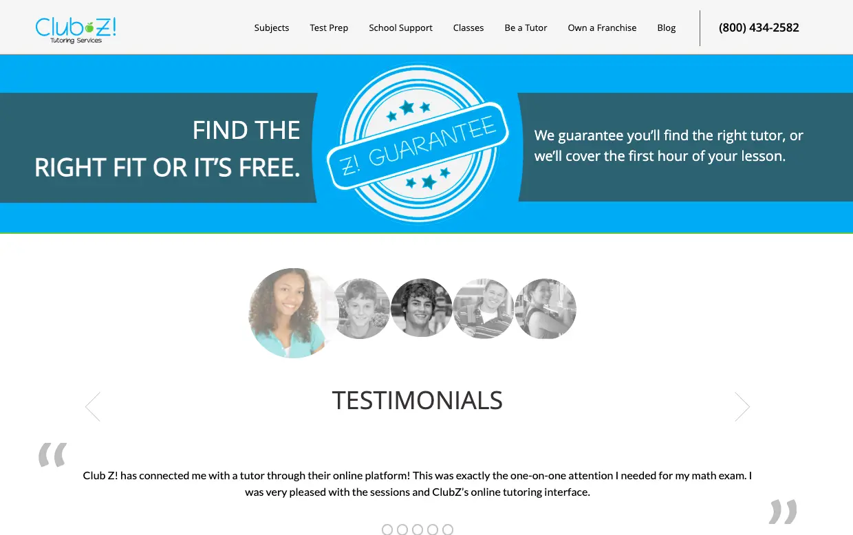 Club Z tutoring testimonials section with student reviews and Z! Guarantee banner promising the right tutor or a free first hour.
