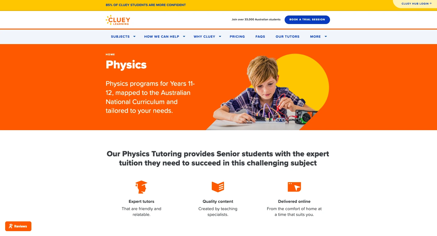 Cluey Learning physics tutoring page showing a student building an electrical circuit, promoting online physics tutoring for Years 11–12 aligned with the Australian National Curriculum.