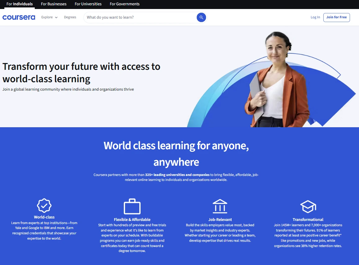 Coursera homepage screenshot with the headline “Transform your future with access to world-class learning” and a section stating “World class learning for anyone, anywhere,” plus icons for world-class, flexible, job-relevant, and transformational learning.