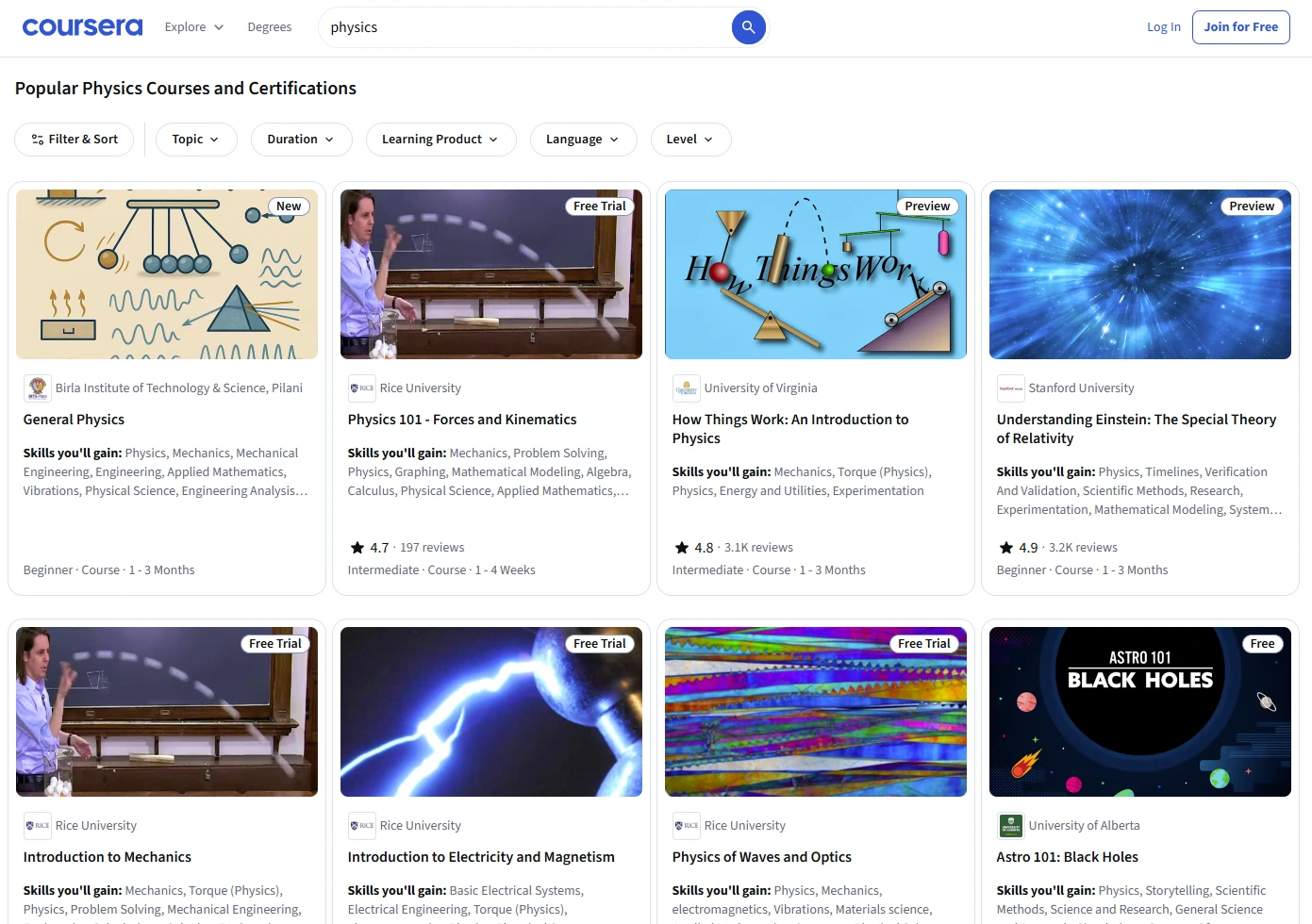 Coursera search results page for “physics” showing popular physics courses and certifications with filter options and course cards from universities like Rice, Stanford, and University of Virginia.