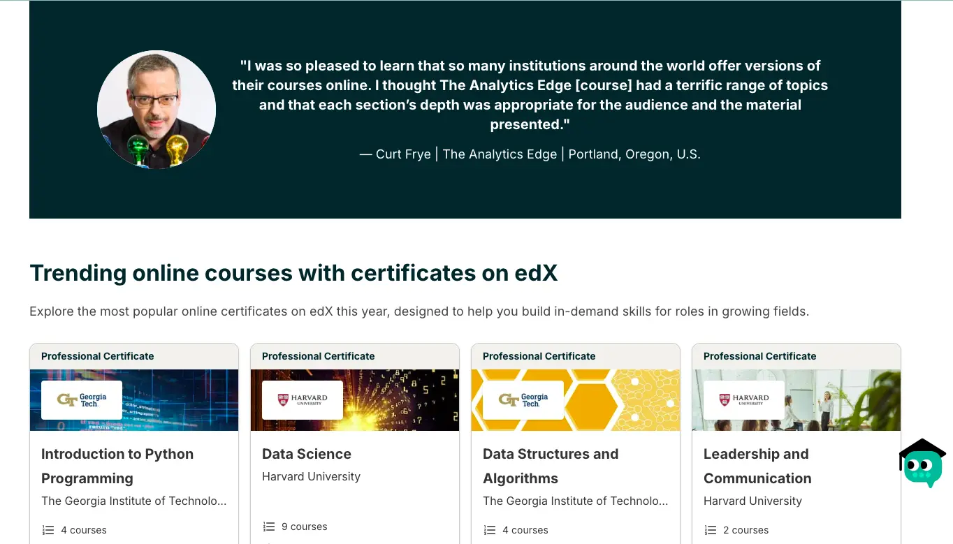edX testimonial from Curt Frye alongside trending online certificate courses including Python programming, data science, algorithms, and leadership programs from top universities