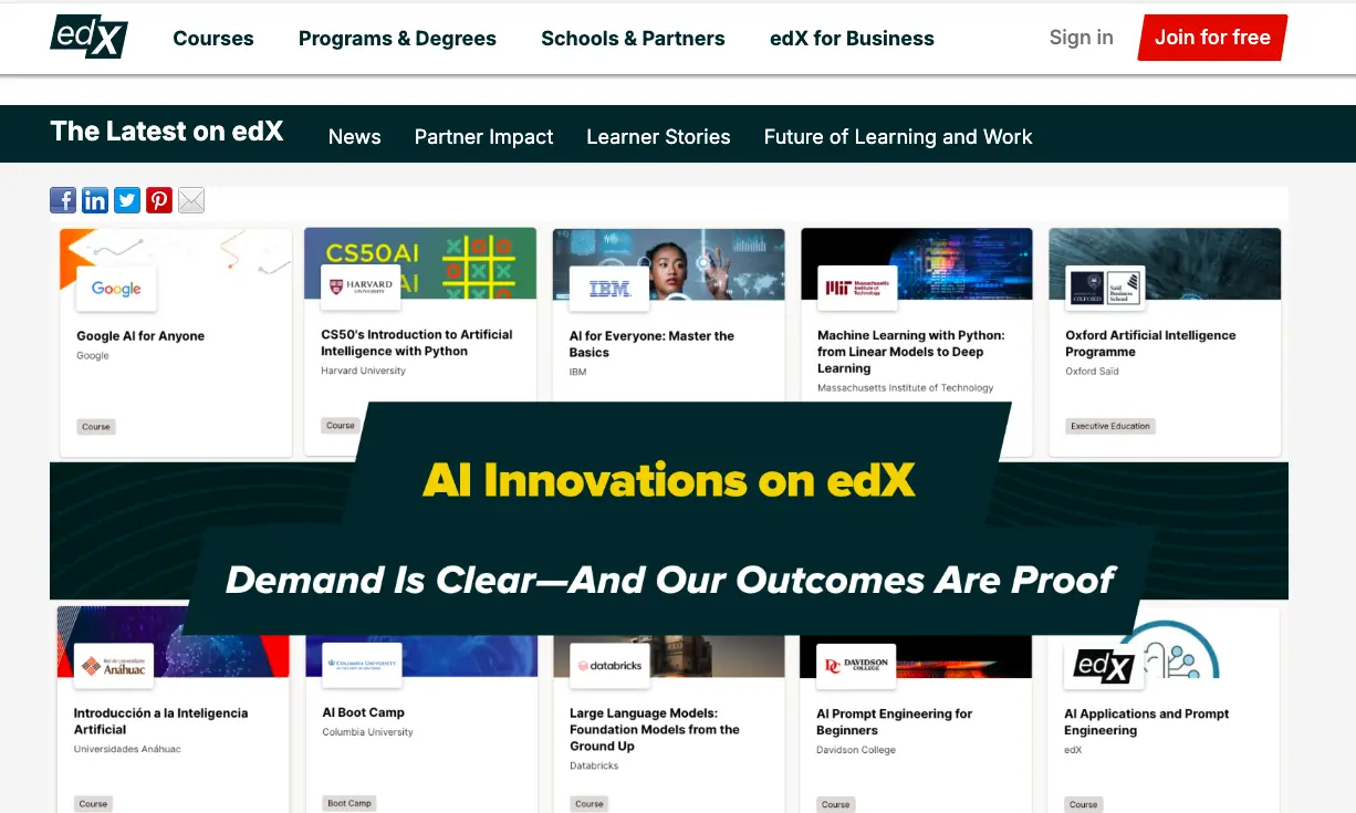 edX AI innovations banner showcasing artificial intelligence courses including Google AI, Harvard CS50 AI, IBM AI basics, and machine learning programs