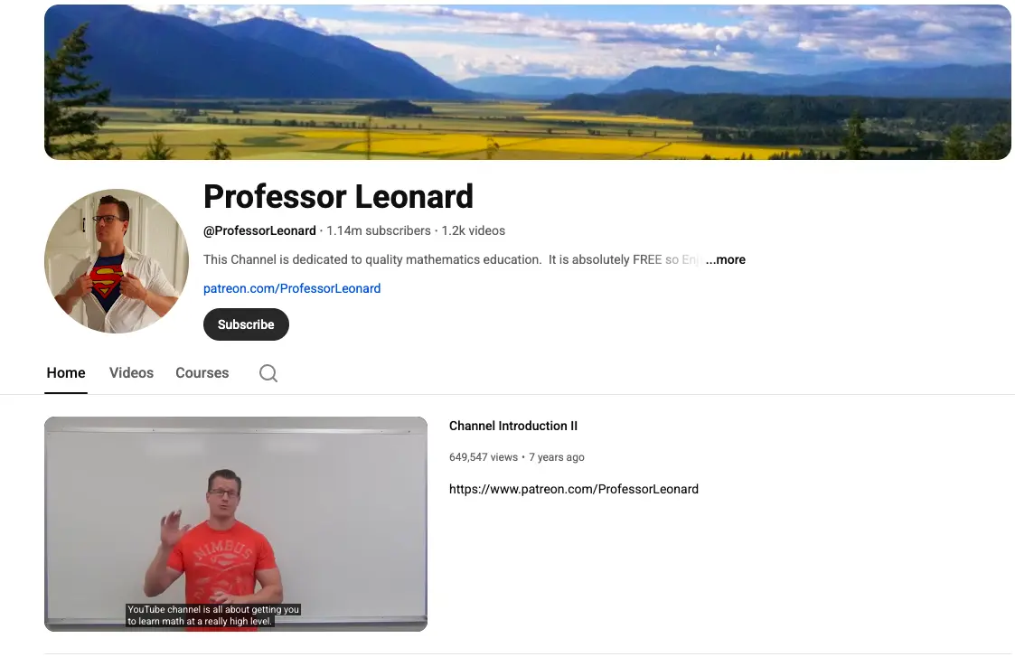 Professor Leonard YouTube channel homepage showing math education content, channel banner, subscriber count, and video preview of a lecture
