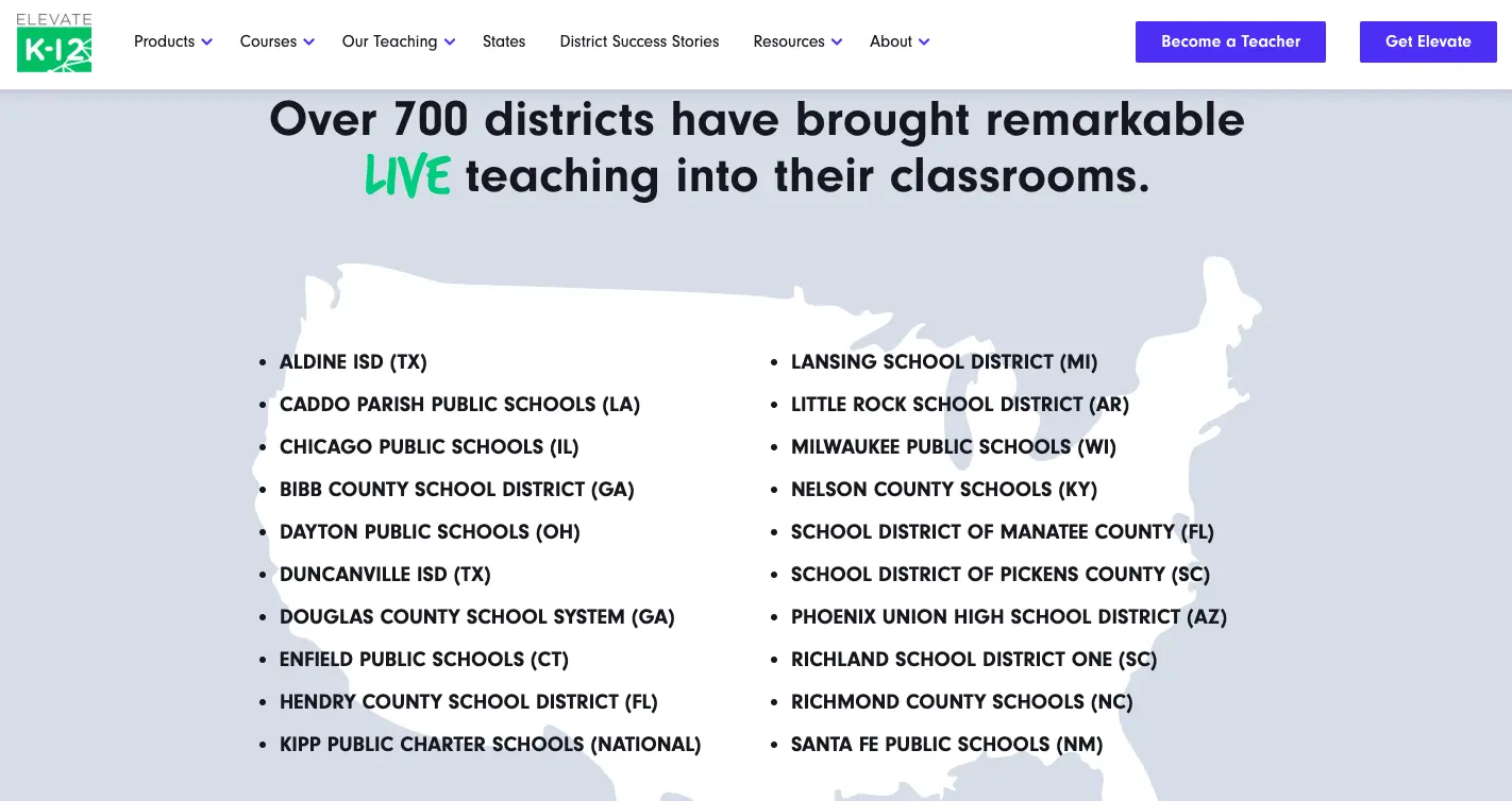 Map of the United States highlighting over 700 school districts using live online teaching services across multiple states