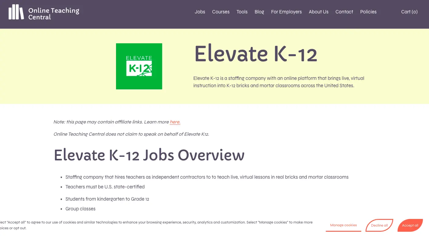 Online Teaching Central page showing Elevate K-12 jobs overview with virtual teaching platform details and K-12 education services