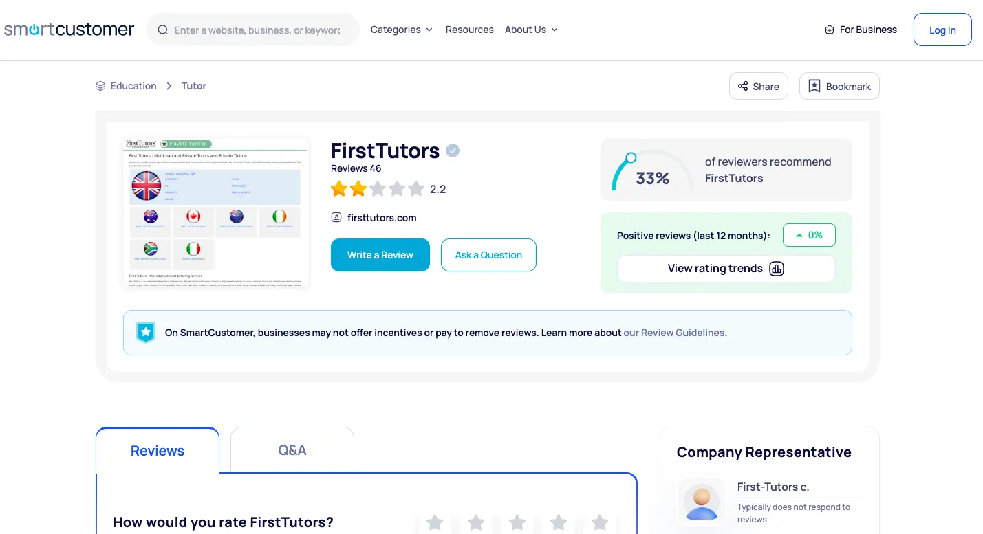 SmartCustomer review page showing First Tutors rating, customer reviews summary, and recommendation percentage