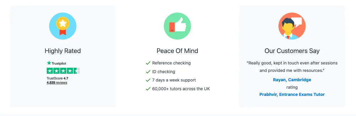 First Tutors UK features section showing Trustpilot rating, tutor verification benefits, and customer testimonial