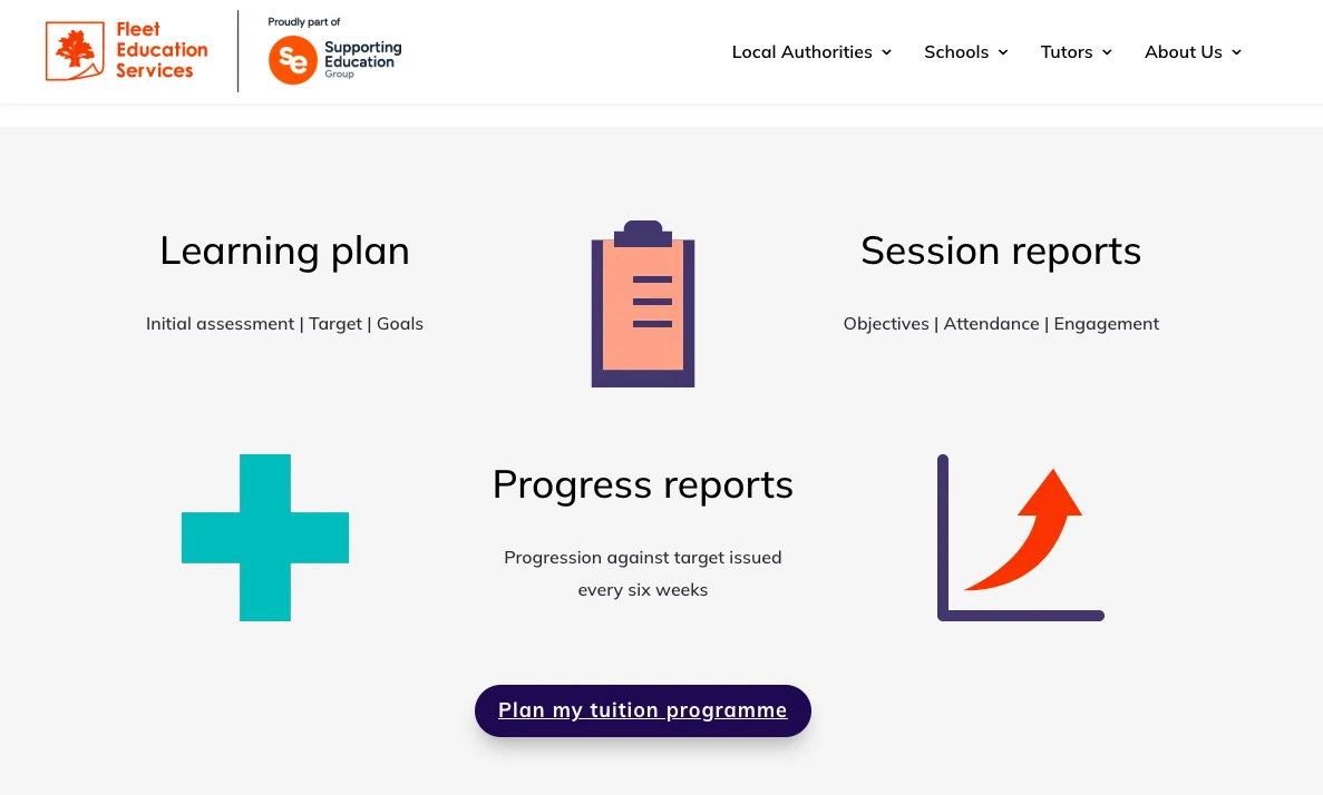 Learning plan, session reports, and progress tracking workflow offered by Fleet Education Services for structured student tuition programs