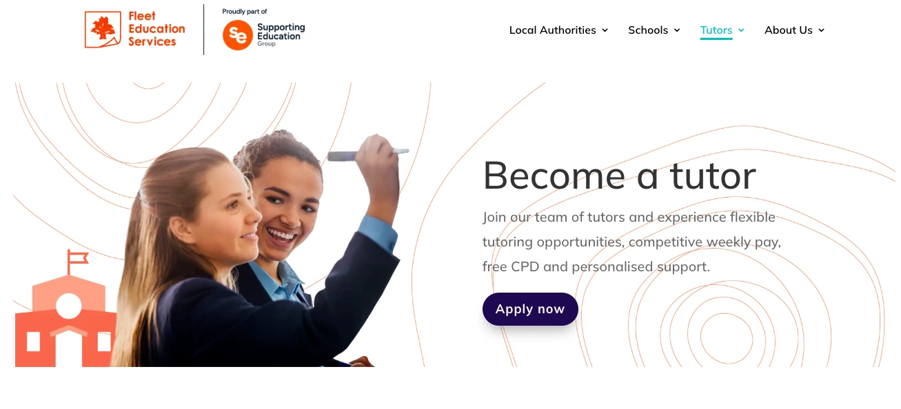 wo female tutors smiling and writing on a whiteboard, promoting Fleet Education Services tutor recruitment with “Become a tutor” call-to-action