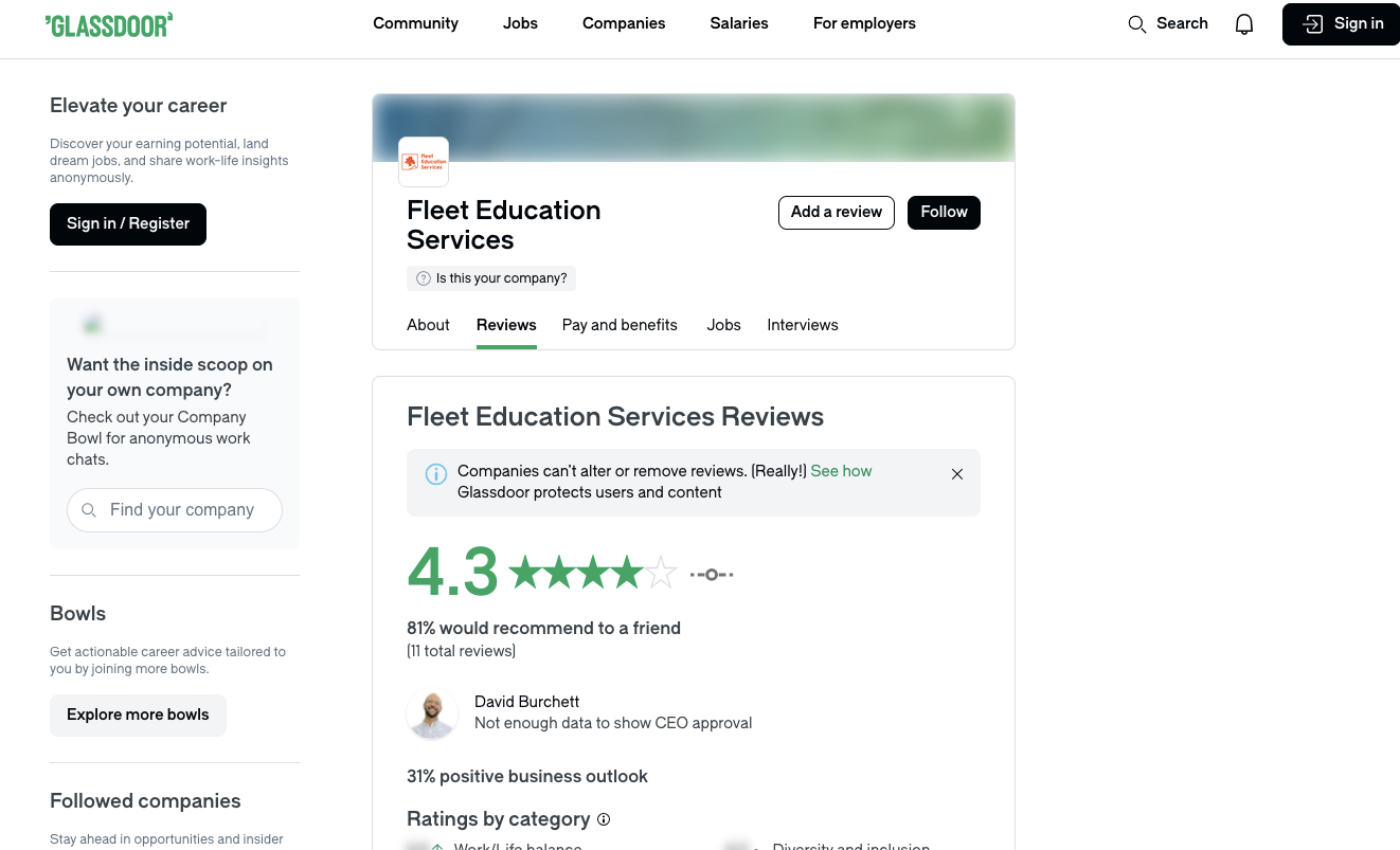 Fleet Education Services reviews page on Glassdoor showing 4.3 star employee rating and recommendation score