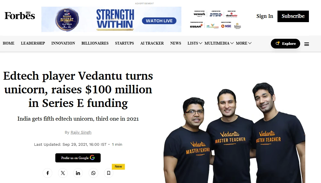 Forbes India article screenshot with the headline “Edtech player Vedantu turns unicorn, raises $100 million in Series E funding,” showing three Vedantu team members wearing “Vedantu Master Teacher” shirts.