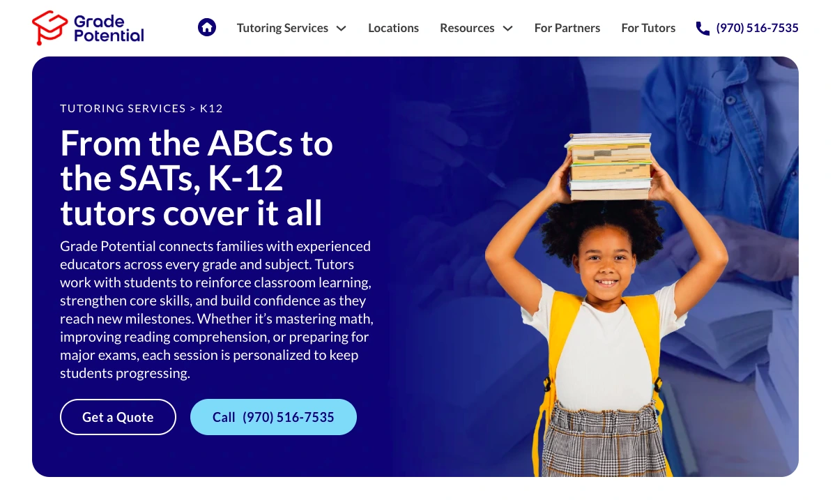 Smiling K–12 student carrying books on her head with a backpack, representing personalized school tutoring services by Grade Potential.