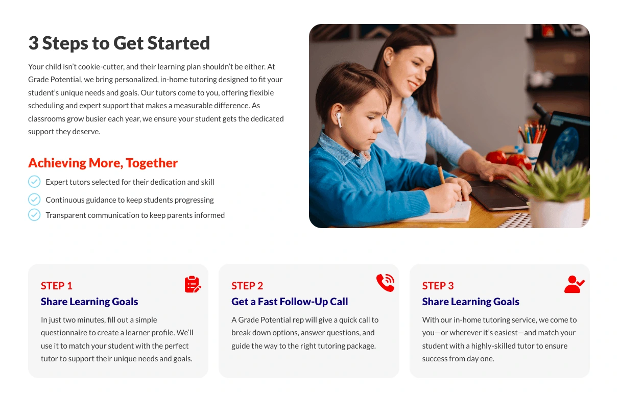 Student studying at home with guidance from a parent or tutor using a laptop, illustrating the step-by-step in-home tutoring process by Grade Potential.