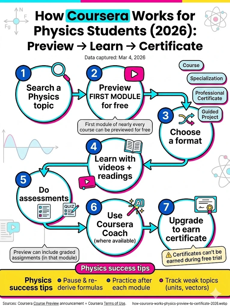 Infographic titled “How Coursera Works for Physics Students (2026)” showing a 7-step flow: search a topic, preview first module free, choose a format, learn with videos and readings, do assessments, use Coursera Coach, and upgrade to earn a certificate.