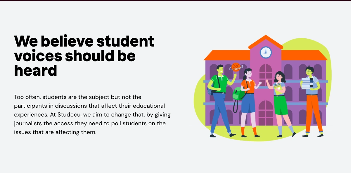 Illustration of diverse students standing in front of a school building, representing student voices being heard in education discussions by Studocu.