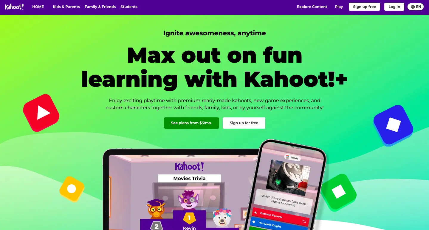 Kahoot homepage banner promoting Kahoot+ interactive learning games and quizzes for students, families, and friends.