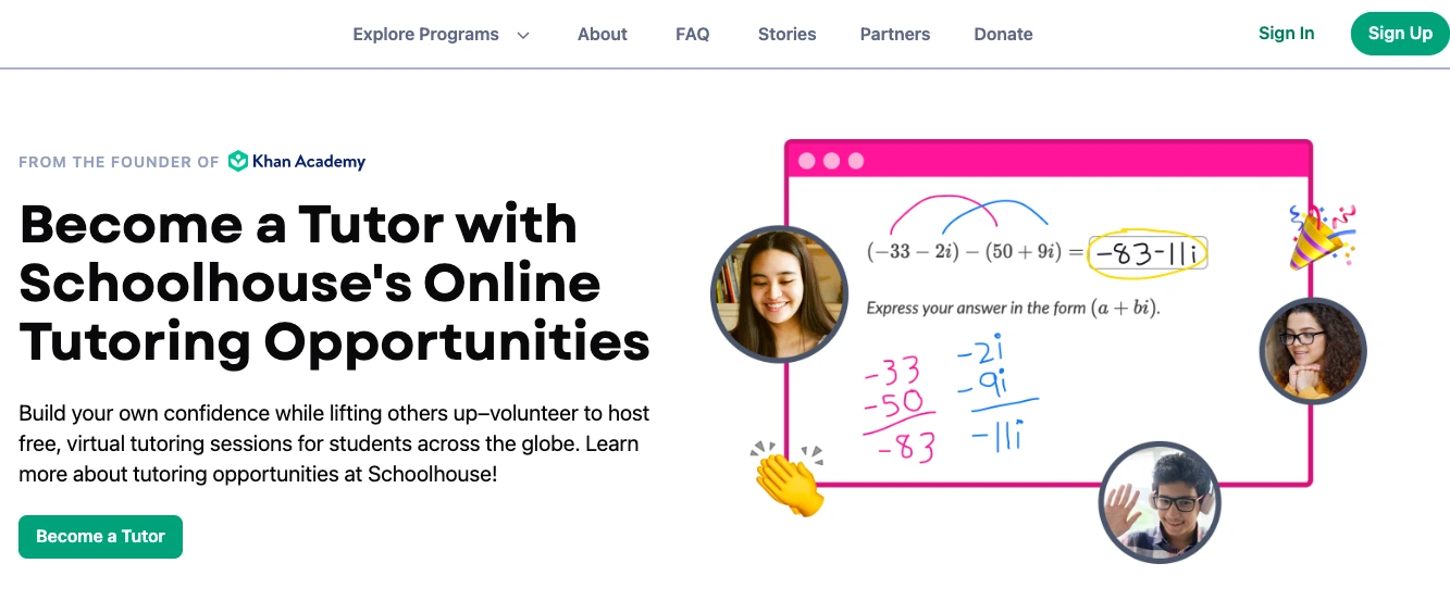 Illustration promoting online tutoring where students collaborate to solve a complex number math problem during a virtual session from Khan Academy founder’s initiative Schoolhouse.world.