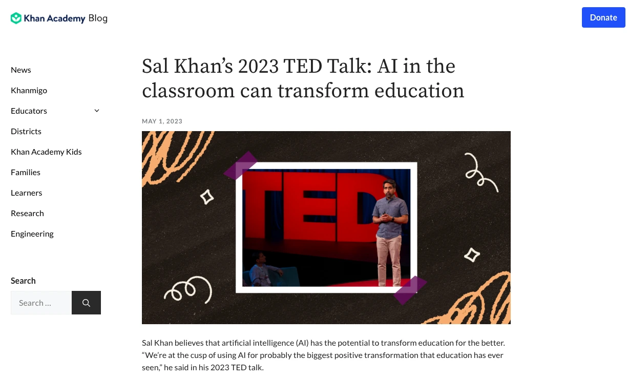 Sal Khan presenting a talk about AI transforming education at TED, featured on the Khan Academy blog.